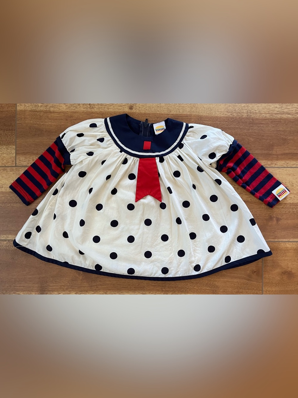 Girls Navy & White Polka Dot Long-Sleeve Dress with Red Accent